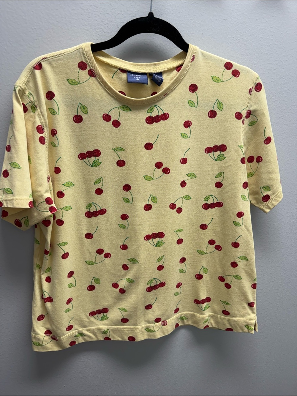 Mountain Lake Yellow T-Shirt with Red Cherry Print